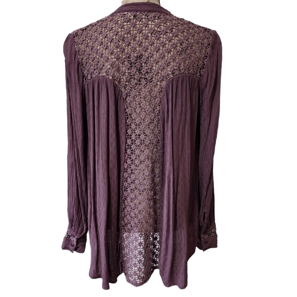 Free People Rockaway Oversized Crinkle Lace Back Long Sleeve Purple Blouse - XS - Picture 3 of 7